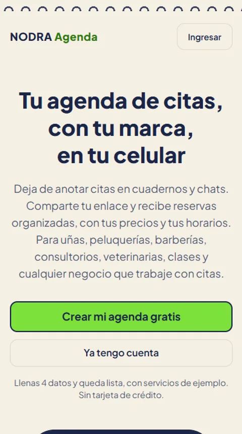 Portada de NODRA Agenda: Tu agenda de citas, con tu marca, en tu celular, y el botón Crear mi agenda gratis